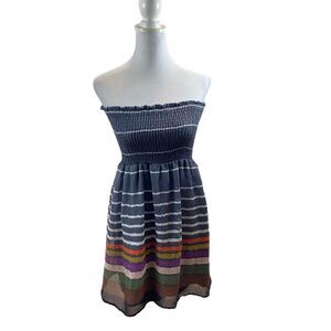 Hello Miss Strapless Shirred Top Mini Dress Grey with Stripes Size Small